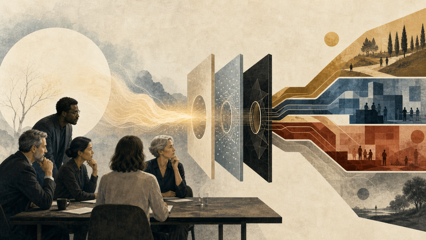 Business leaders examine an AI system translating human intentions into divergent organizational paths.