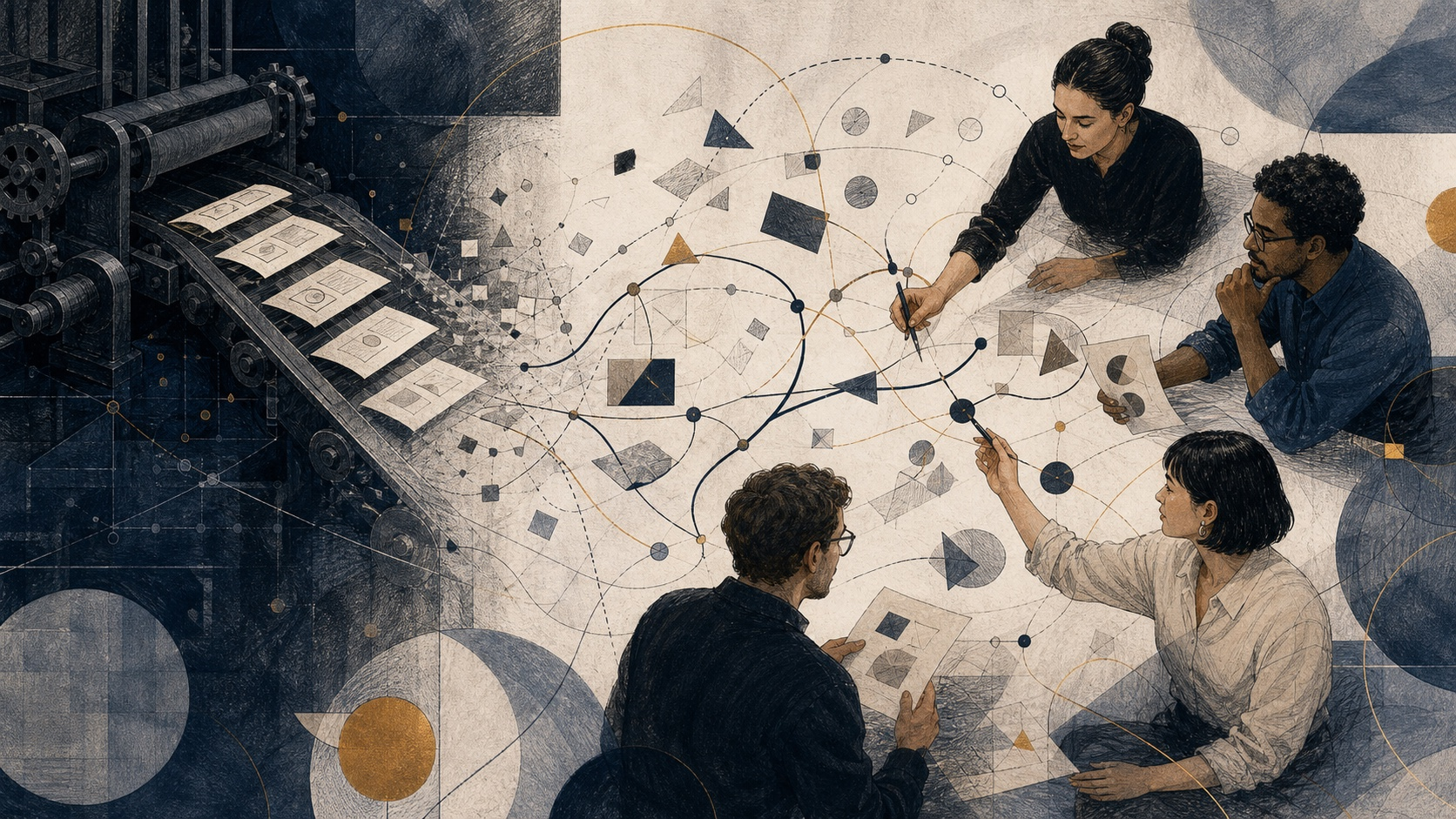 A mechanical conveyor disperses identical work into a collaborative network where four people evaluate and refine it.