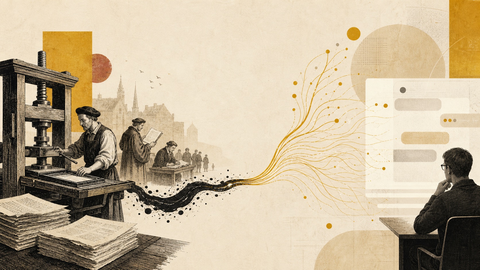 A historical printing press facing a glowing conversational AI interface, symbolizing the Reformation and artificial intelligence