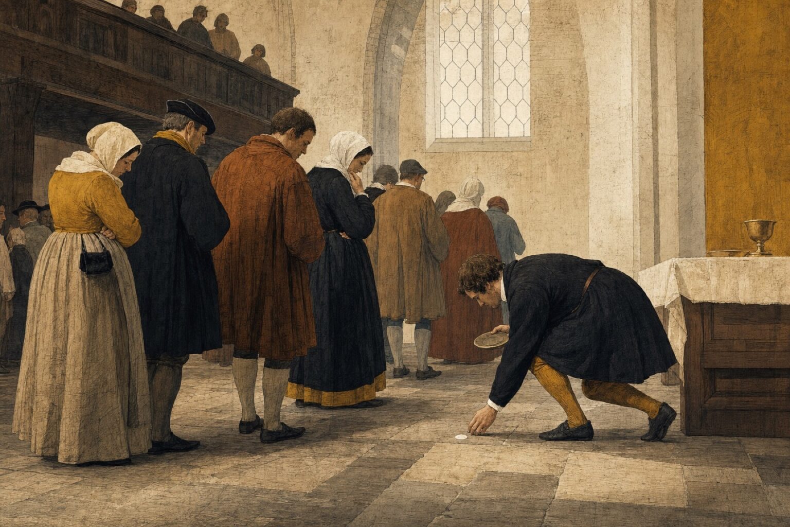 Worshippers in a sixteenth-century church hesitate as a communion wafer lies on the floor