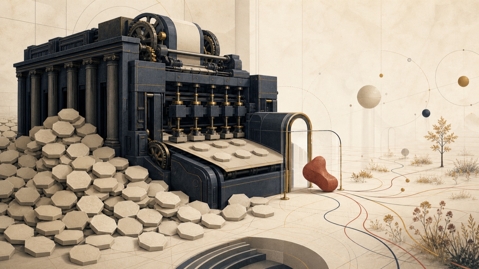 An institutional machine produces identical pieces while one unusual form passes through a protected opening into new possibilities.