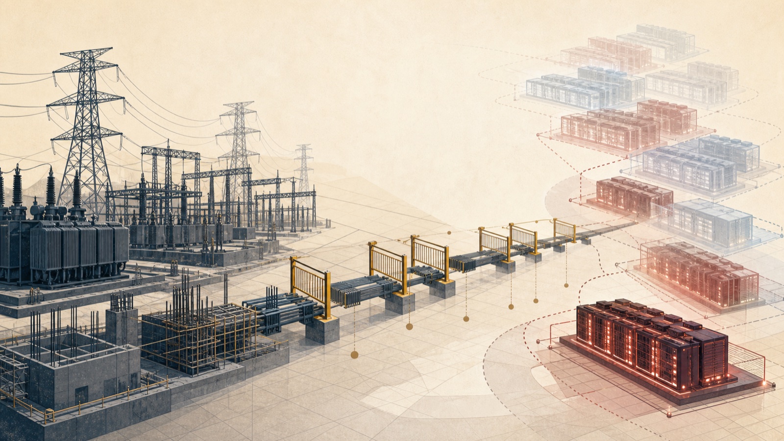 A slow-built electrical grid connects through staged gates to several possible AI data centers.