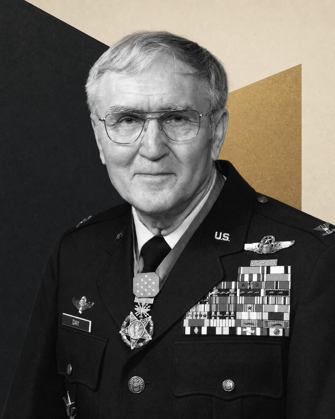 George E. “Bud” Day in uniform against a cream, charcoal, and brass editorial background.