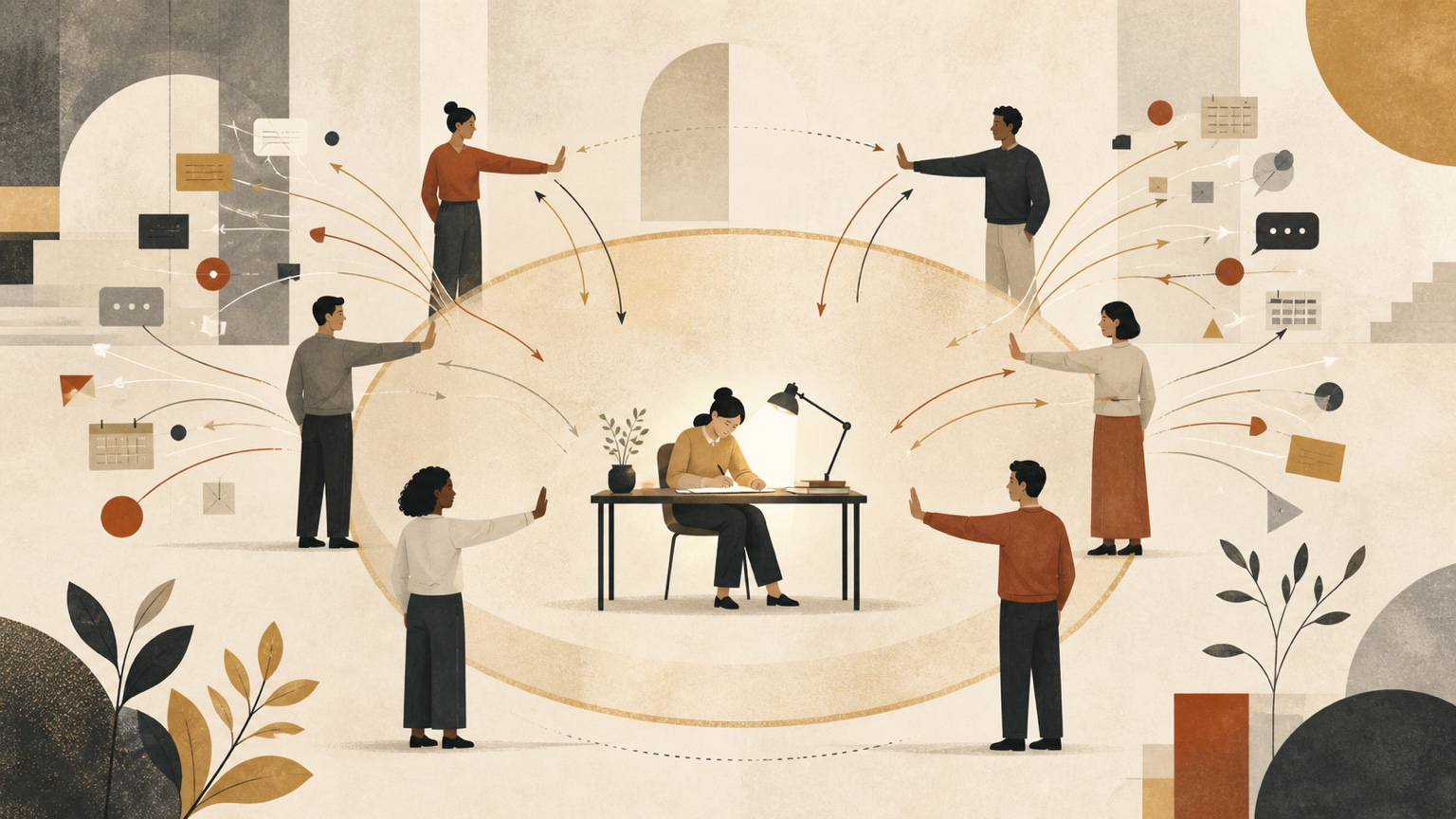 Colleagues protecting a focused worker from interruptions