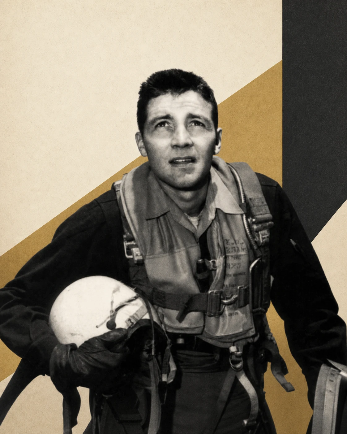 John Boyd in flight gear against a cream, charcoal, and brass editorial background.