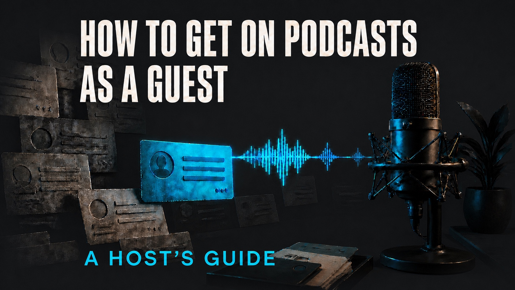 Podcast microphone beside a highlighted guest-pitch card, with the title How to Get on Podcasts as a Guest: A Host’s Guide.