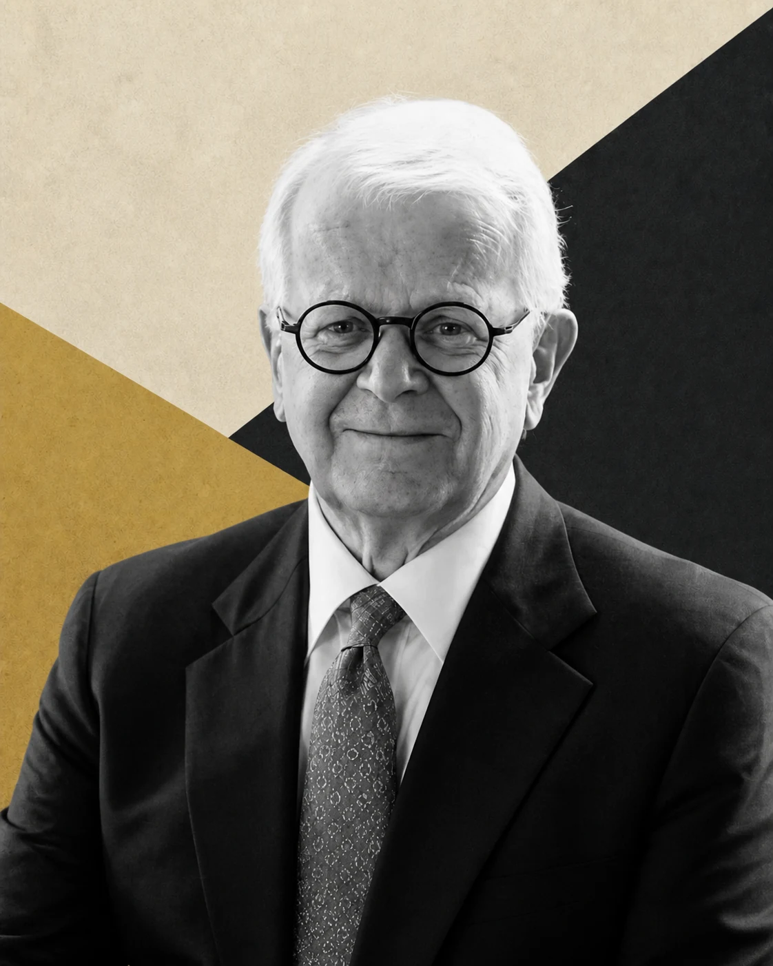 Robert Coram in a dark suit and round glasses against a cream, charcoal, and brass editorial background.