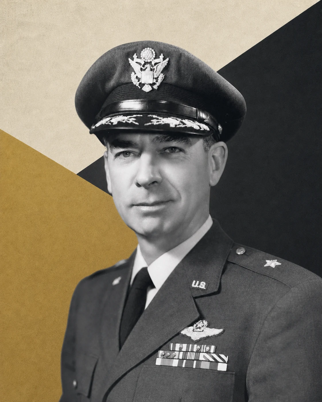 Brigadier General Robert Lee Scott Jr. in Air Force dress uniform against a cream, charcoal, and brass editorial background.