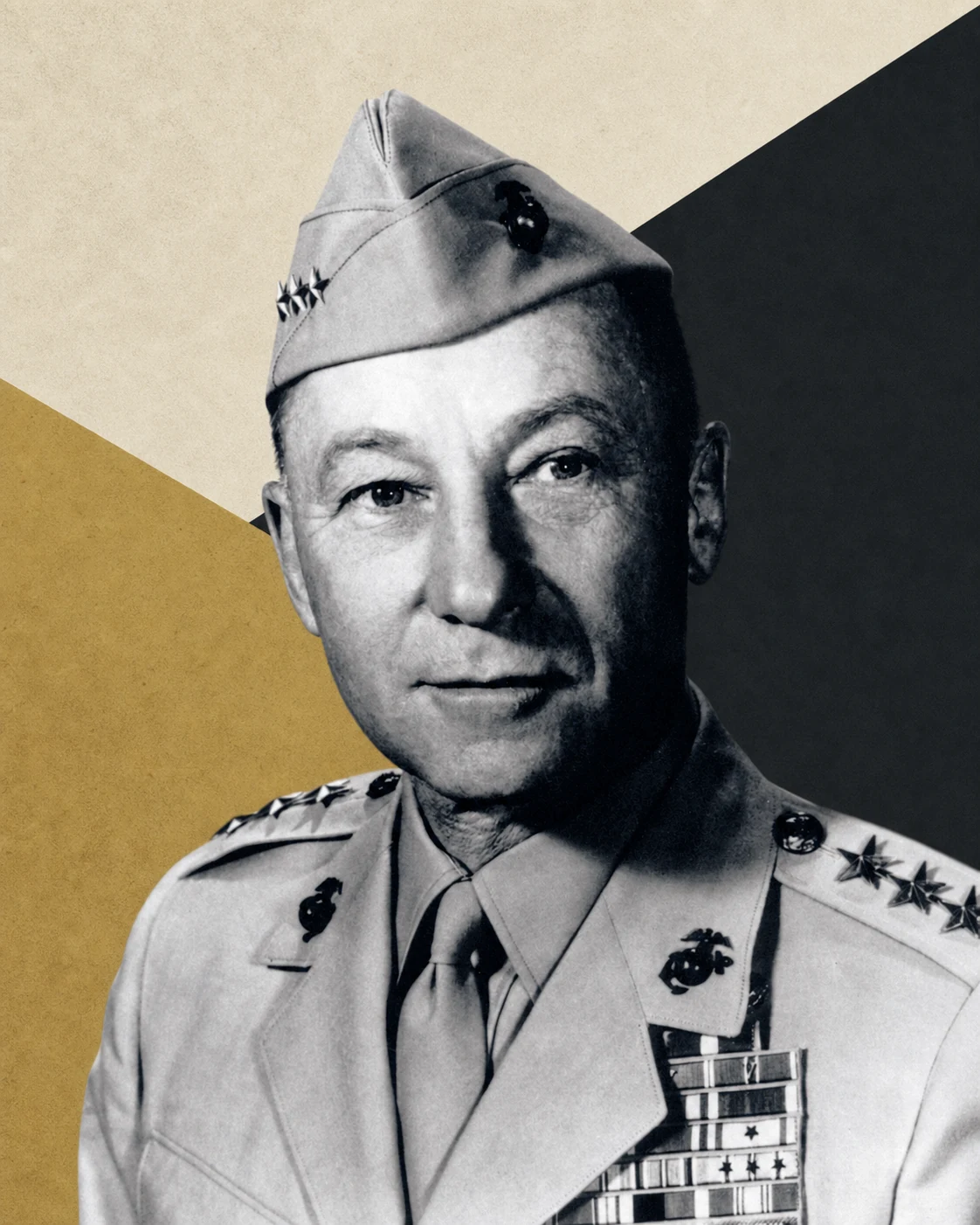 Lieutenant General Victor “Brute” Krulak in uniform against a cream, charcoal, and brass editorial background.