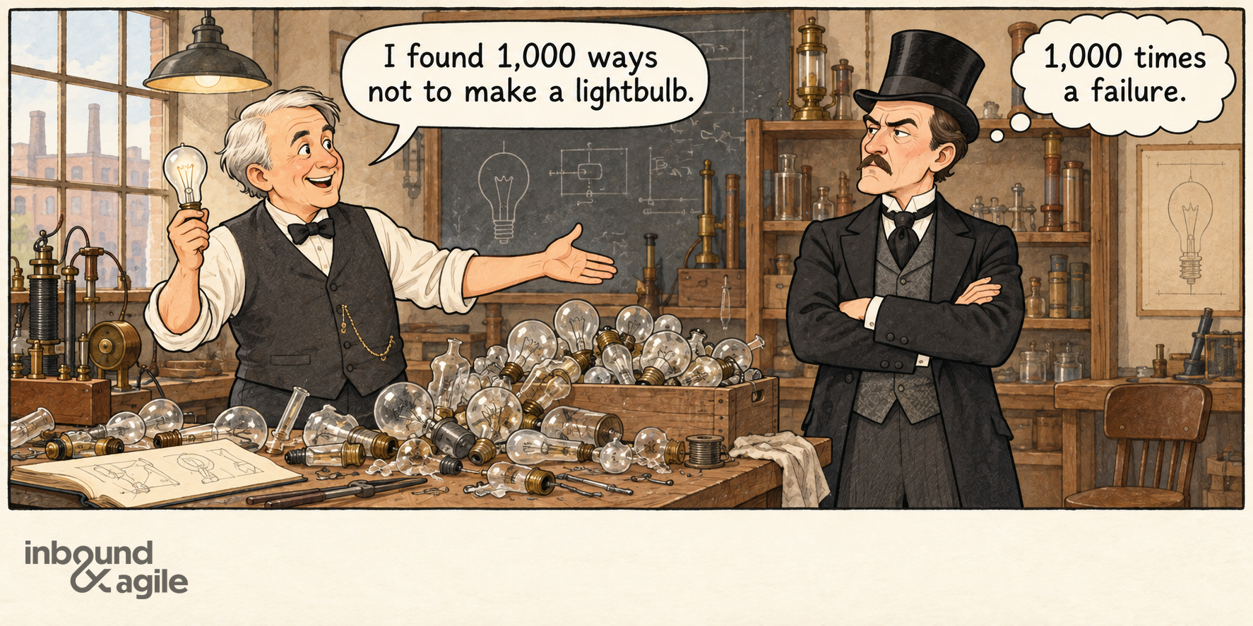 Imagined exchange: Thomas Edison says, “I found 1,000 ways not to make a lightbulb.” A skeptical observer thinks, “1,000 times a failure.”