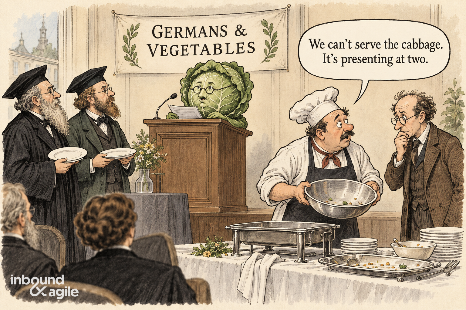 At a Germans & Vegetables conference, a cabbage lectures while scholars wait with empty plates. A caterer says, “We can’t serve the cabbage. It’s presenting at two.”
