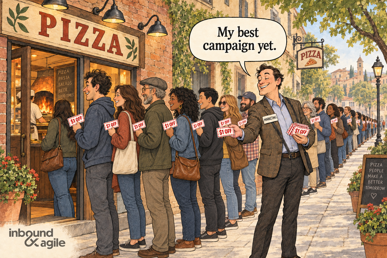 A marketer hands dollar-off coupons to a long line of smiling customers already waiting at a pizza shop and says, “My best campaign yet.”