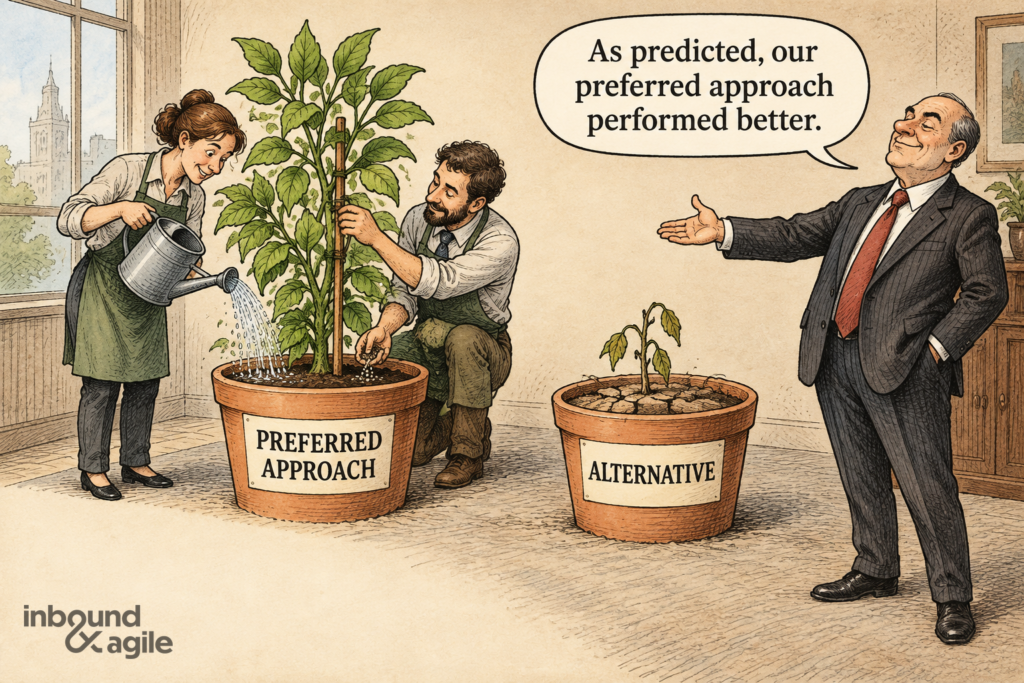 Two gardeners tend a thriving plant labeled Preferred Approach while an untended Alternative wilts. A manager says, “As predicted, our preferred approach performed better.”