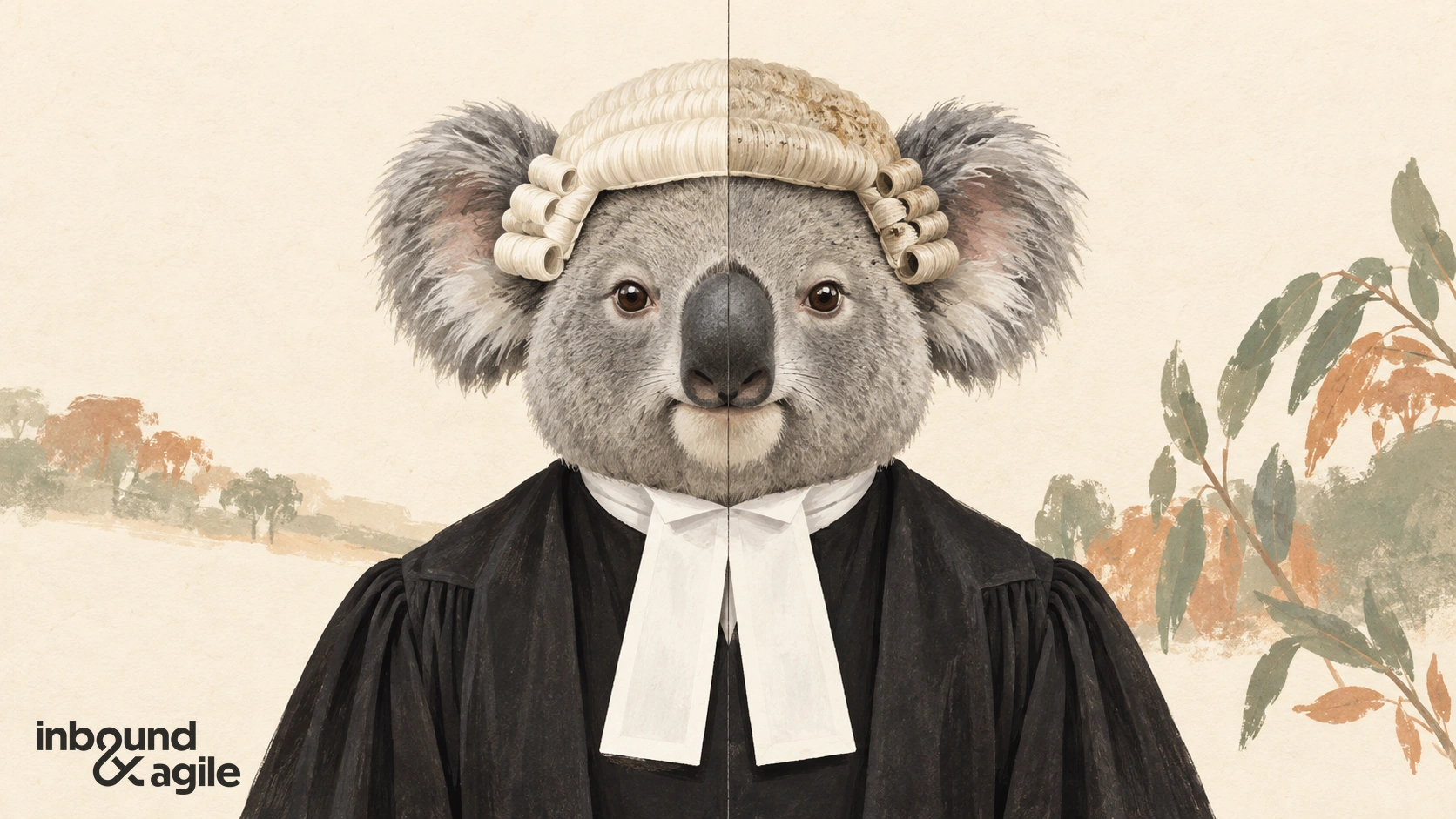 A koala barrister in black robes, with one face divided between a clean white courtroom wig and a weathered, discolored wig.