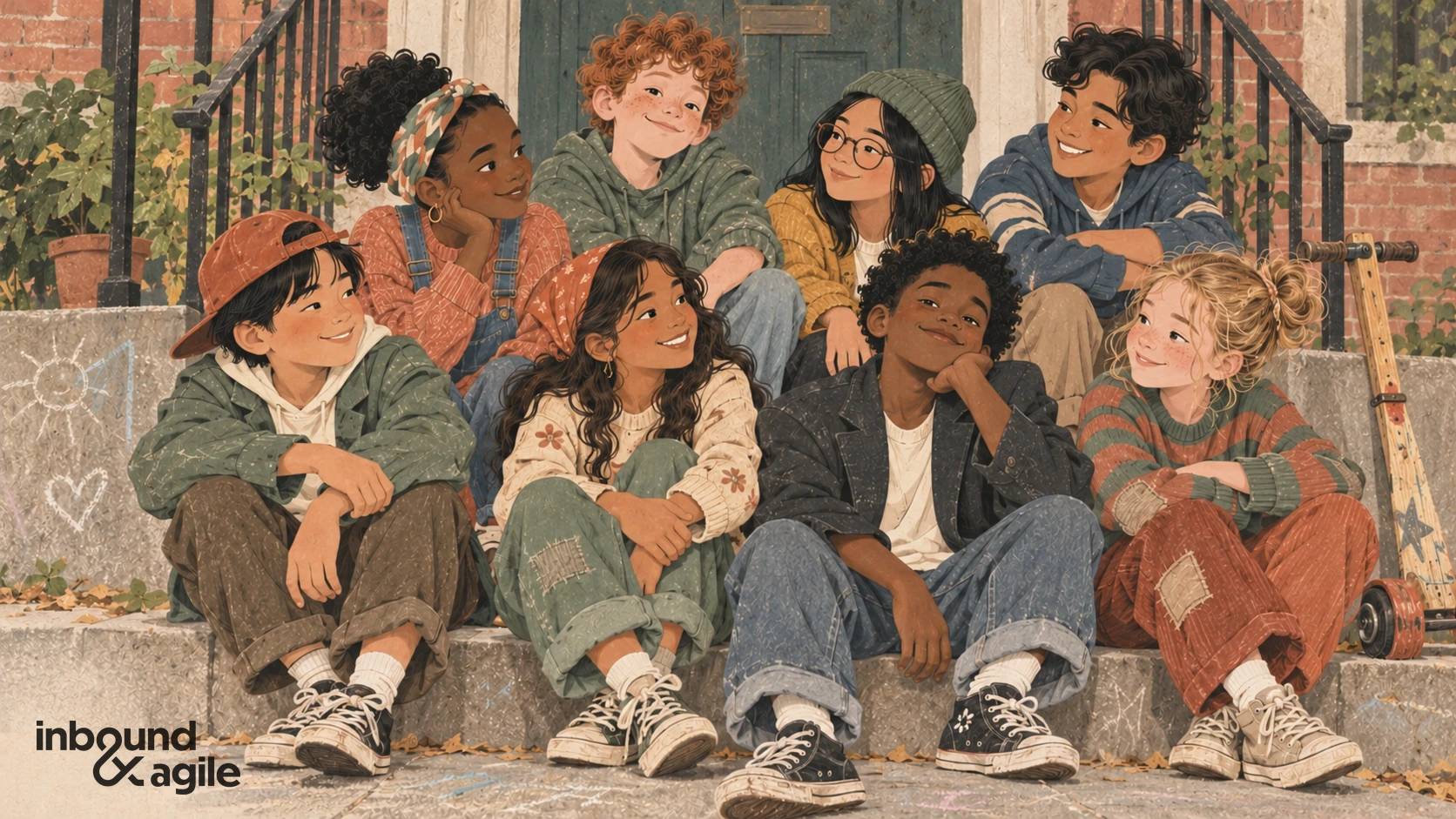 Eight neighborhood children with varied appearances and patched hand-me-down clothes sit together on a shared stoop.