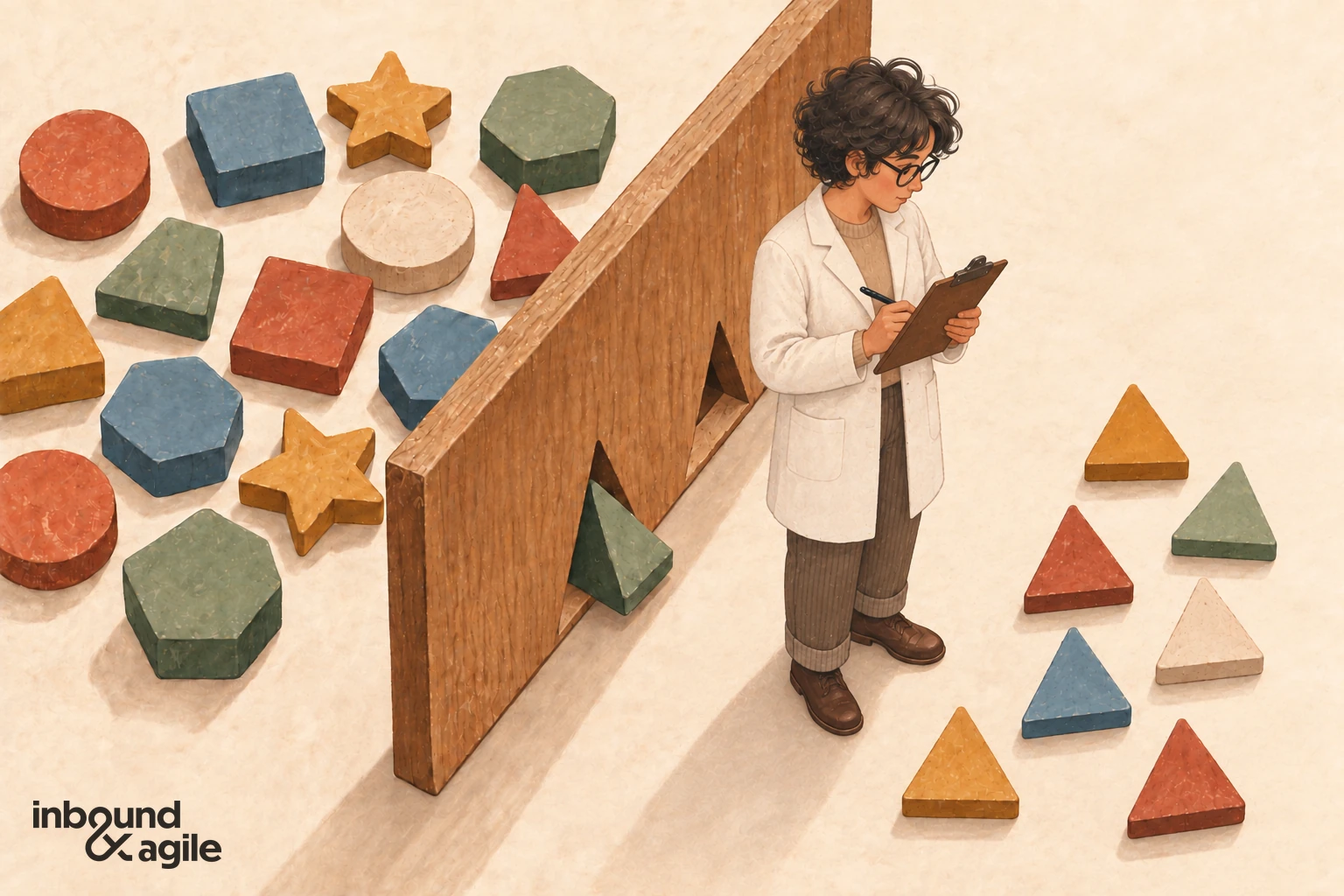 With her back to a wall pierced by triangular openings, a researcher studies only the triangles that passed through, unaware of the other shapes behind her.