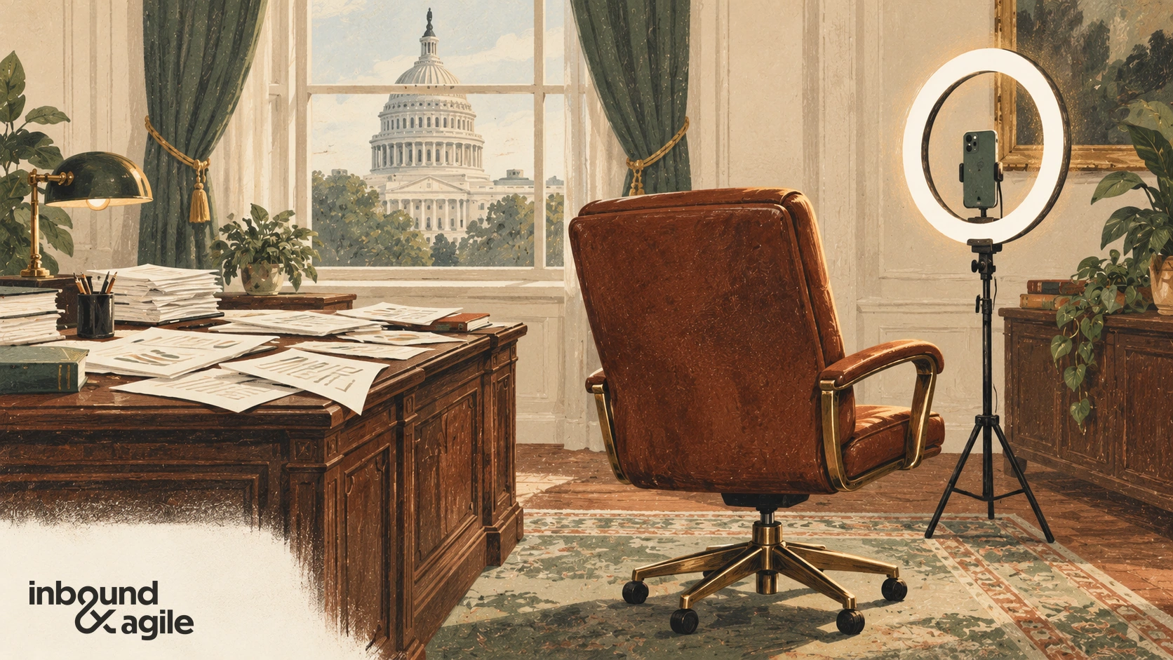 An empty congressional office chair faces a phone and ring light while legislative papers lie unattended on the desk.