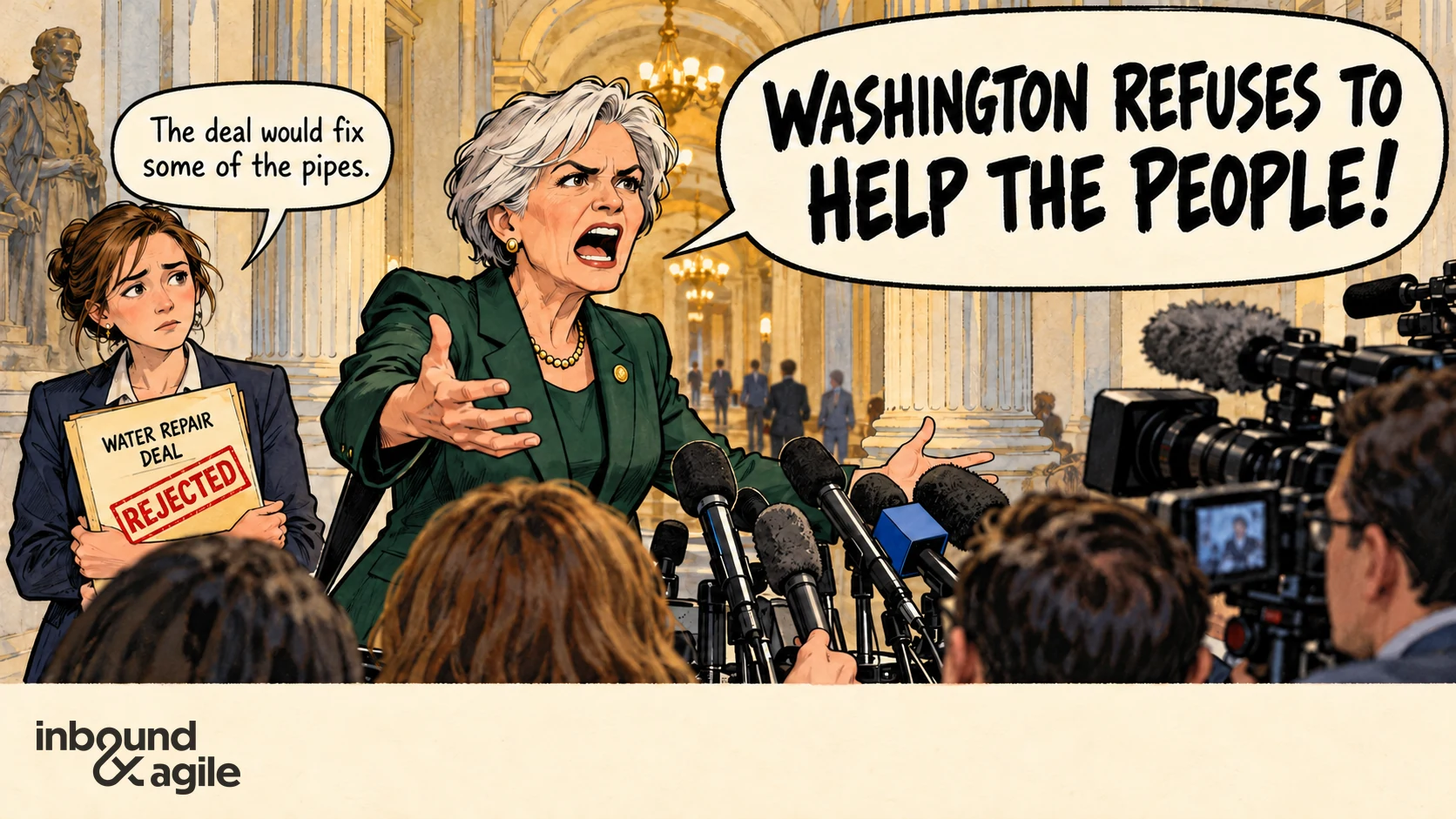 Fictional congressperson tells cameras, “Washington refuses to help the people!” An aide holds a rejected water-repair deal and says, “The deal would fix some of the pipes.”